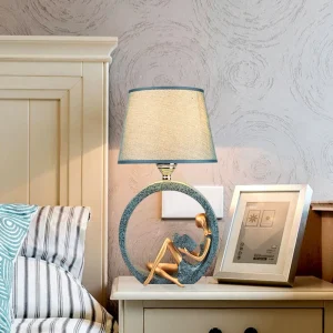 Modern Meisje Leeslamp - Hars Nachtlamp 1-Licht Tafellamp met Blauwe Stoffen Lampenkap