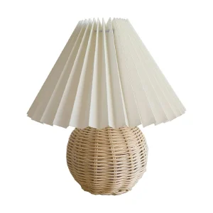 Ronde Bamboe Rattan Tafellamp - Modernistische Witte Nachtlamp met Pagodevormige Stoffen Lampenkap