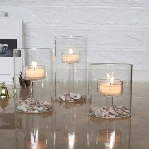 3-delige cilindrische glazen kandelaar set – Transparante hurricane kandelaars voor tafeldecoratie, bruiloften en huisdecoratie