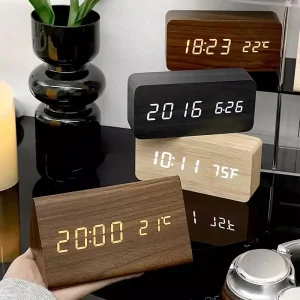Wekker Digitaal LED Houtlook Spraakbesturing Bureau
