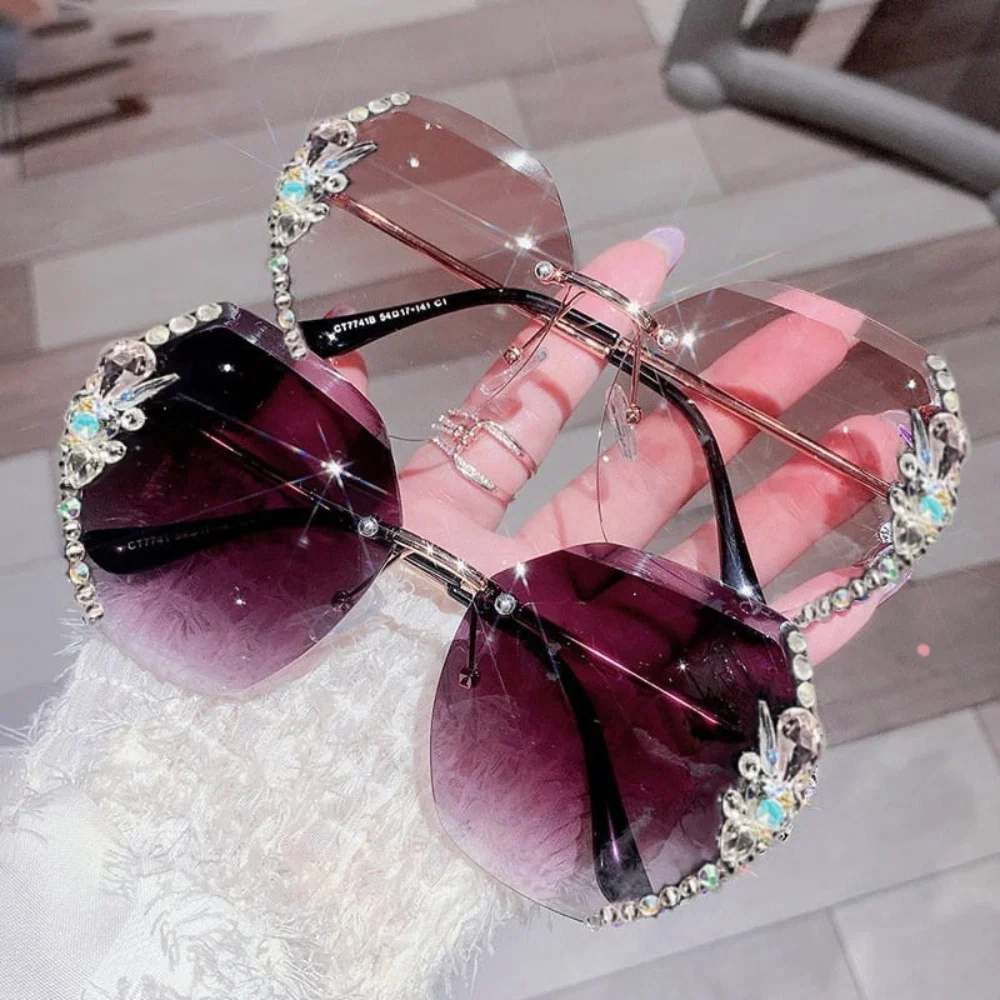 Zonnebril Dames Randloos UV400 Gradient Lens Strass Modebril - Image 2