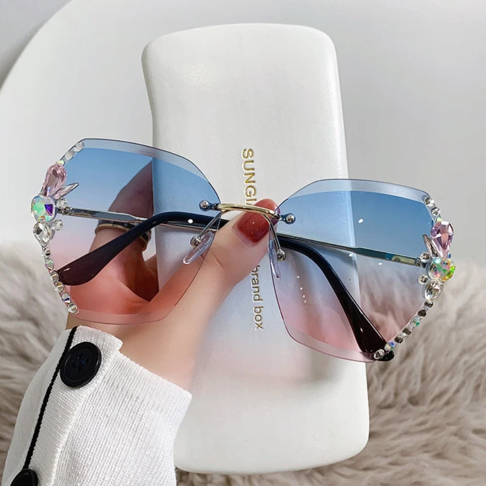 Zonnebril Dames Randloos UV400 Gradient Lens Strass Modebril - Image 3
