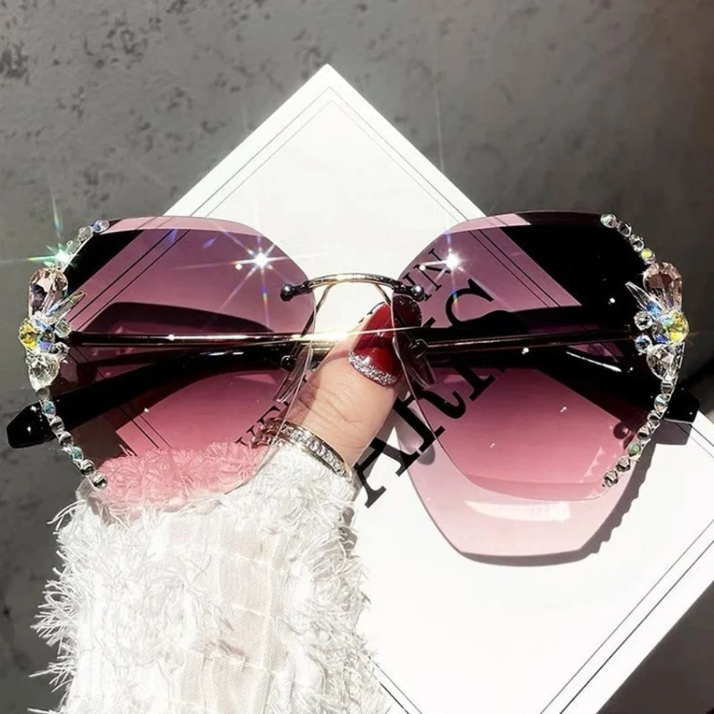 Zonnebril Dames Randloos UV400 Gradient Lens Strass Modebril - Image 4