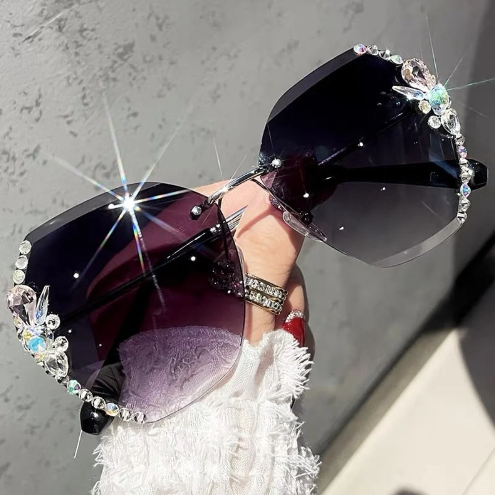 Zonnebril Dames Randloos UV400 Gradient Lens Strass Modebril - Image 5