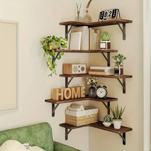 RusticCorner - 3/5 Stuks Zwevende Hoekplank - Houten Wanddecoratie en Opbergrek