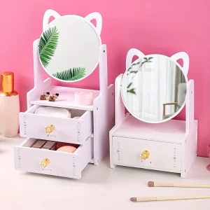 Make-up Spiegel met Lade – 360° Draaibaar, Cosmetica Opbergdoos Met Spiegel, Kattenoren Ontwerp